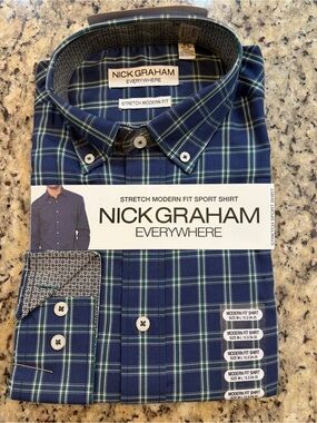 Nick Graham Men’s Blue Plaid Stretch Modern Fit Button-Down Shirt